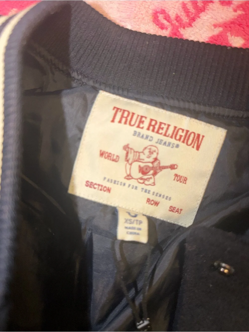 True Religion Black Varsity Jacket with Cream & Brown Patches